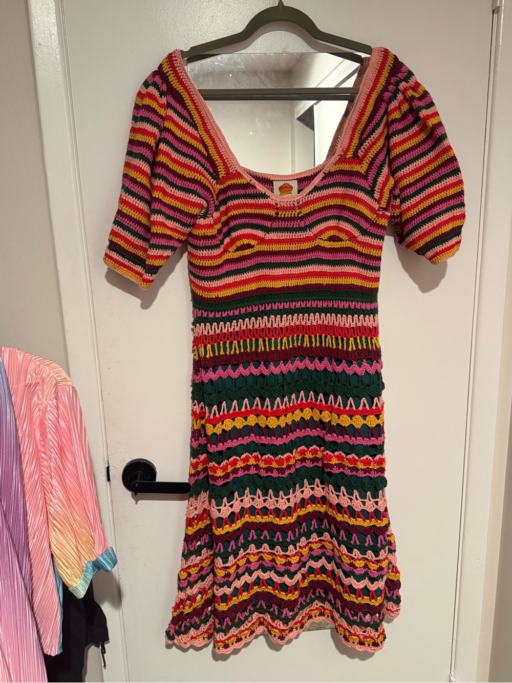 Farm Rio Boho Resort Wear Rainbow Multicolor Crochet Puff-Sleeve Dress NWT  XL